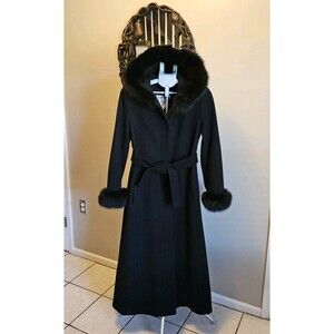 Marvin Richards Vintage 100% Lambswool Fox Fur Hooded Long Black Maxi Coat USA 6